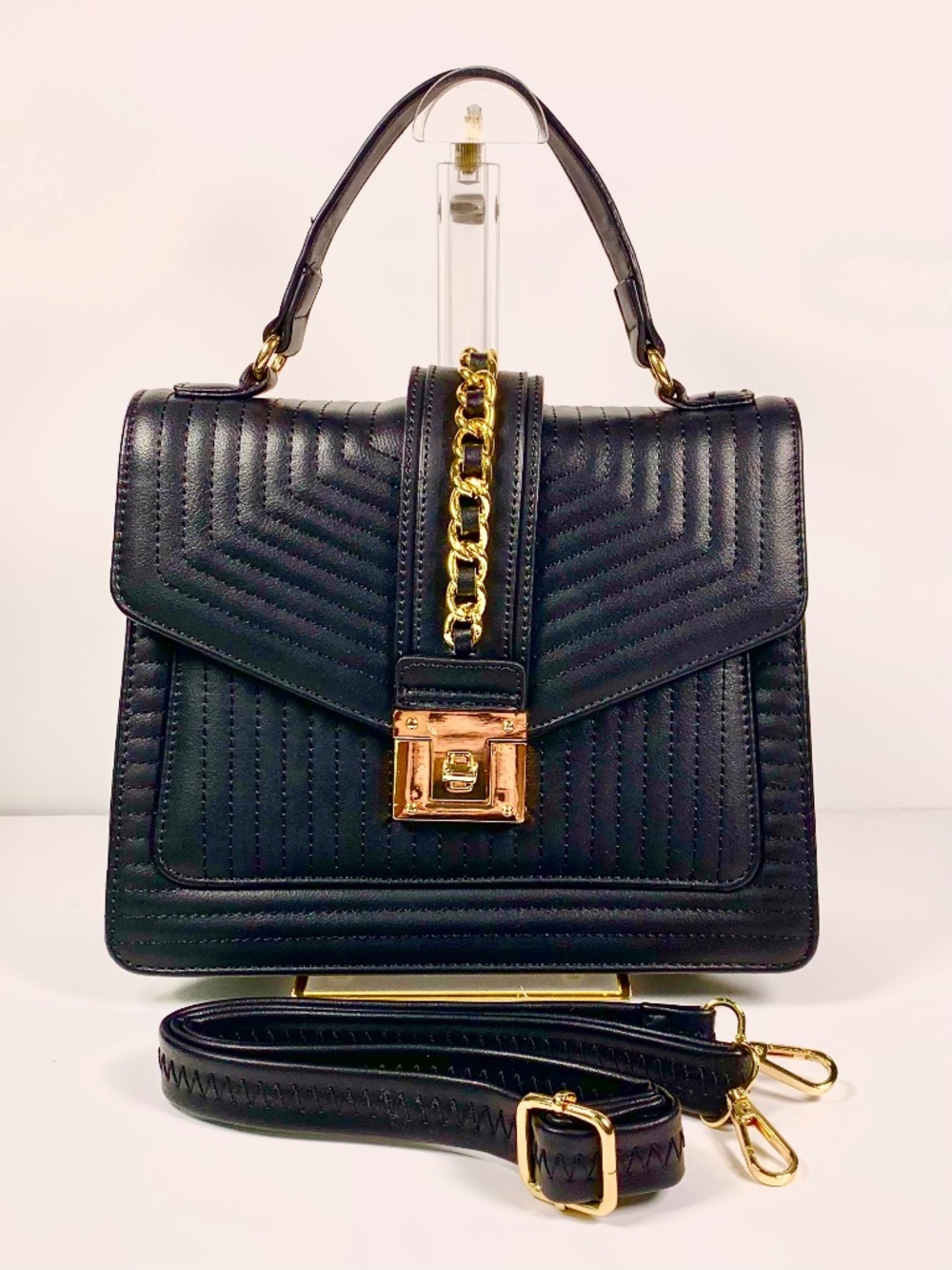 Classic Chic Black Chevron Quilted Gold Chain Top Handle Satchel Shoulder Bag